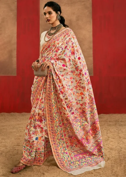 Off White Kashmiri Jamawar Cotton Saree