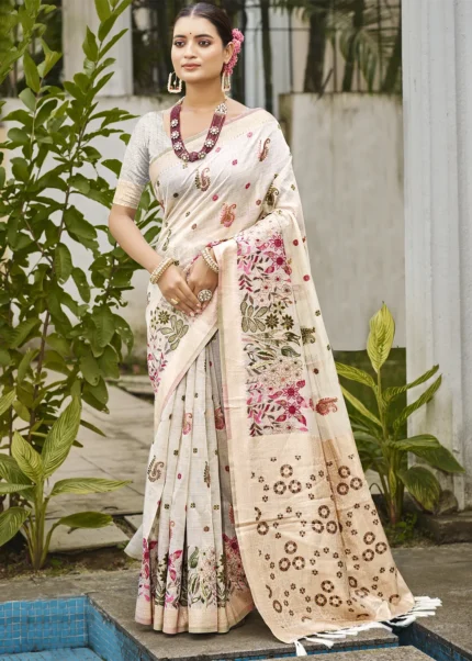 Off White Linen Silk Banarasi Saree with Meenakari Work