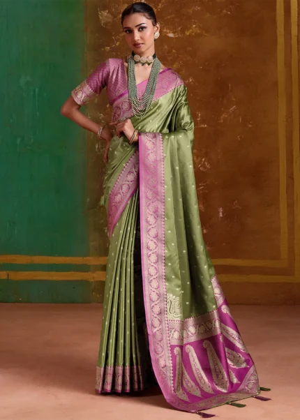 Olive Green Banarasi Saree with Magenta Brocade Blouse
