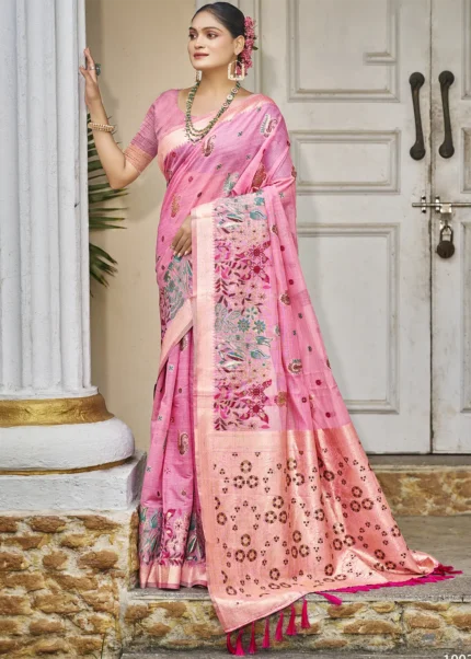 Pink Linen Silk Banarasi Saree with Meenakari Work