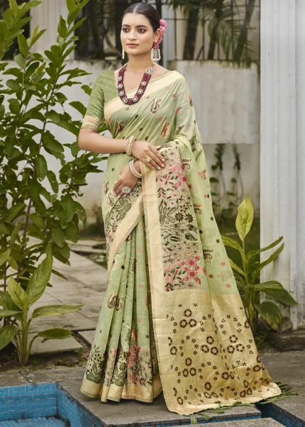 Pista Linen Silk Banarasi Saree with Meenakari Work