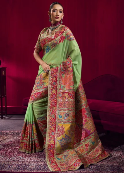 Pistachio Green Kashmiri Jamawar Pashmina Saree