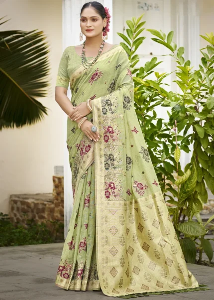 Pistachio Green Linen Silk Banarasi Saree with Meenakari