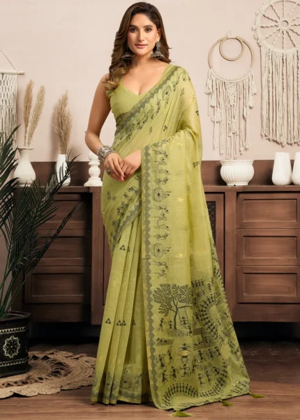 Pistachio Green Linen Worli Work Saree