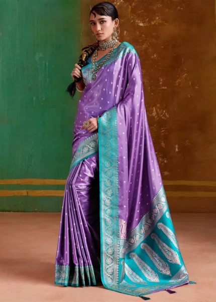 Purple Banarasi Saree with Turquoise Blouse