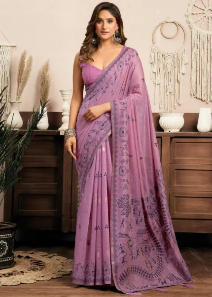 Purple Linen Worli Work Saree