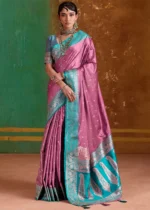 Rose Pink Banarasi Saree with Teal Brocade Blouse