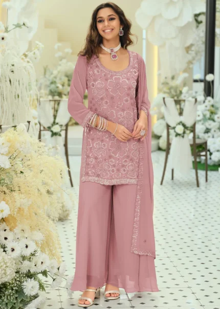 Rose Pink Georgette Palazzo Suit with Embroidery and Cutdana