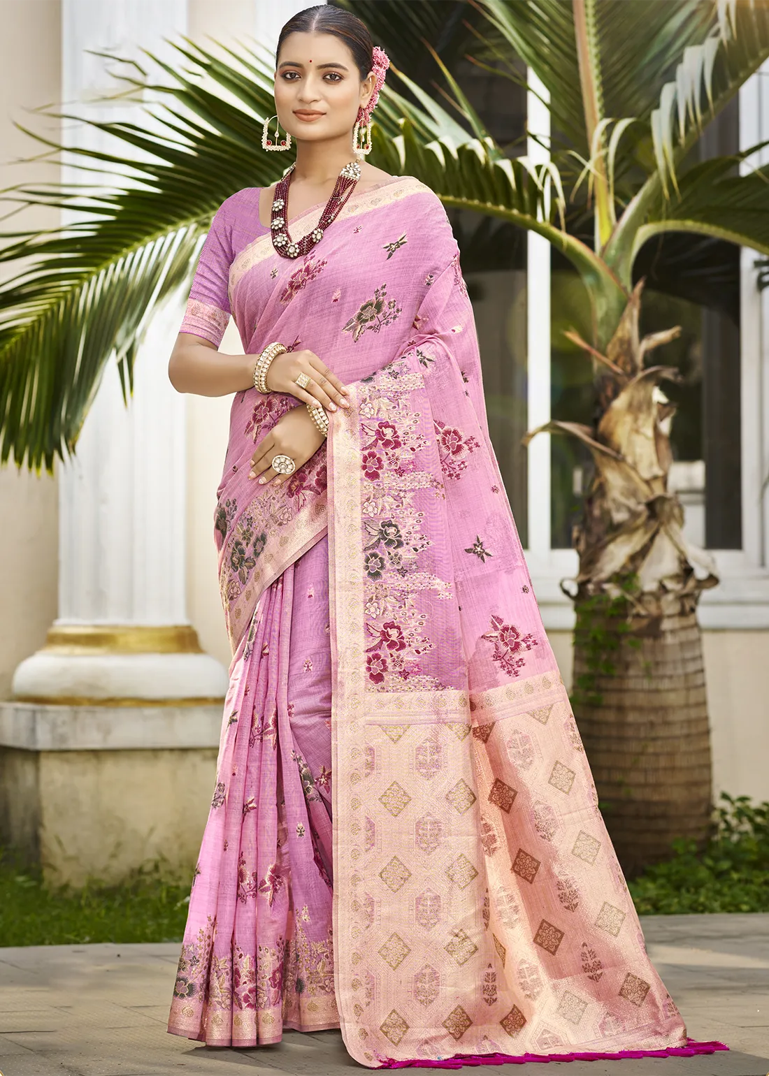 Rose Pink Linen Silk Banarasi Saree with Meenakari Rose Pink Linen Silk Banarasi Saree with Meenakari