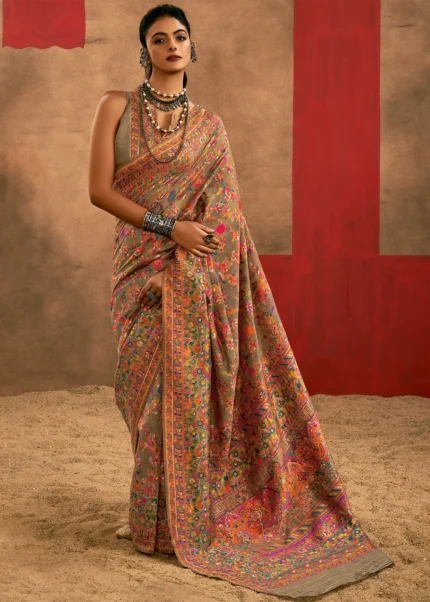 Safari Beige Kashmiri Jamawar Cotton Saree