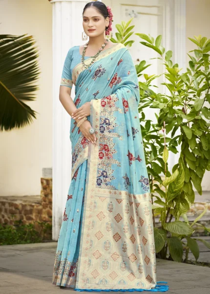 Sky Blue Linen Silk Banarasi Saree