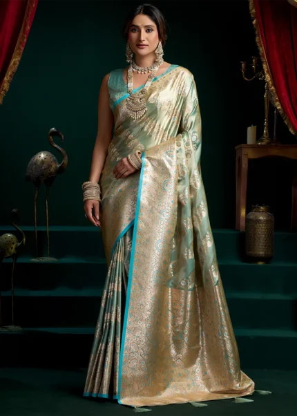 Turquoise Banarasi Saree with Blouse Piece