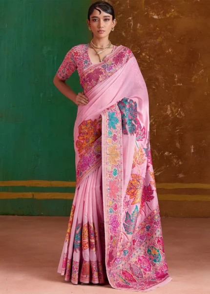 Blush Pink Jamawar Saree with Multicolour Weaving