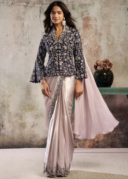 Blush Pink Ready to Wear Satin Saree with Blazer Style Blouse