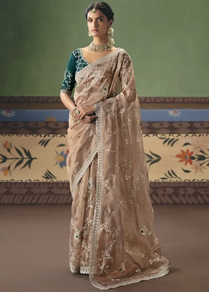 Champagne Beige Embroidered Organza Saree
