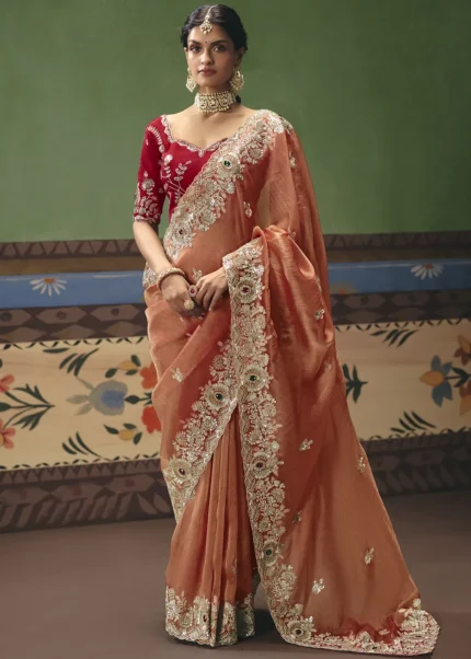 Coral Peach Embroidered Organza Saree