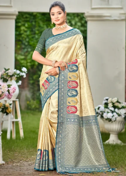 Cream Kanjivaram Silk Saree with Blue Blouse