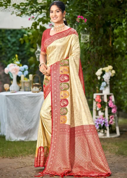 Cream Kanjivaram Silk Saree with Crimson Red Blouse