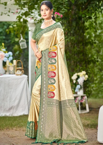 Cream Kanjivaram Silk Saree with Green Blouse