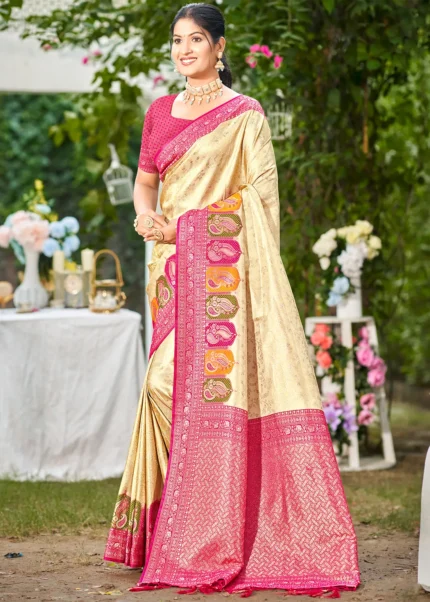 Cream Kanjivaram Silk Saree with Pink Blouse