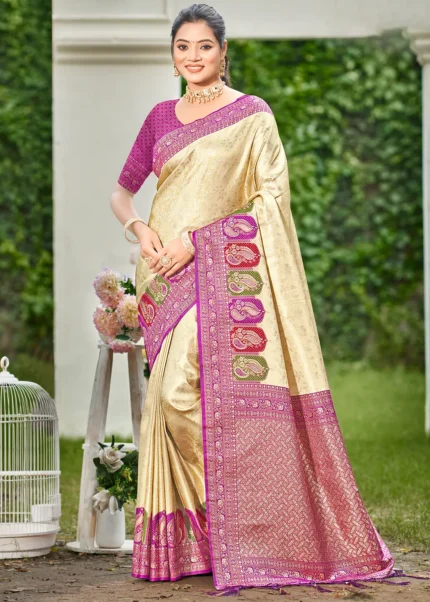 Cream Kanjivaram Silk Saree with Purple Blouse