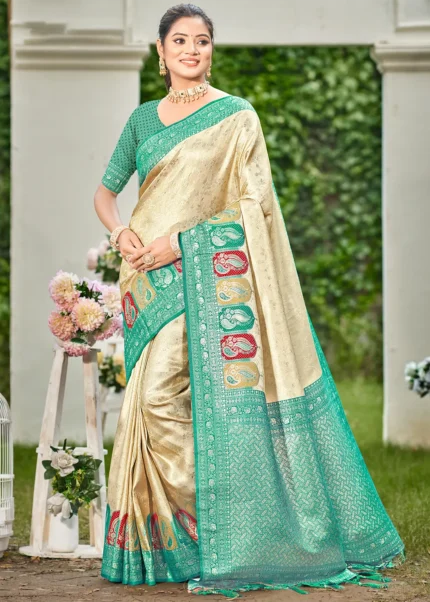 Cream Kanjivaram Silk Saree with Sea Green Blouse