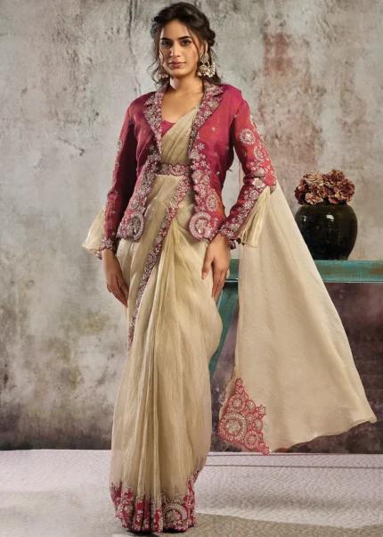 Cream Ready to Wear Organza Saree