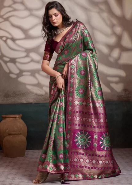 Emerald Green Banarasi Saree with Magenta Kalamkari Motifs