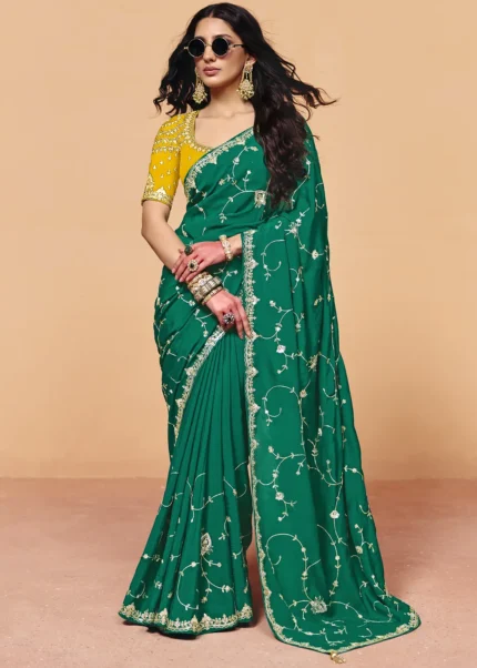 Emerald Green Embroidered Organza Saree