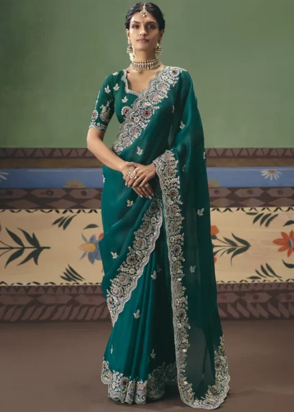 Emerald Green Embroidered Organza Saree