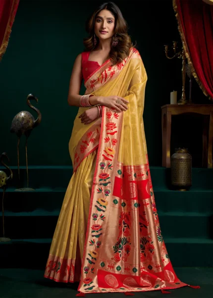 Golden Yellow Tissue Silk Paithani Saree with Red Blouse