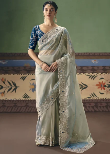 Ice Blue Embroidered Organza Saree