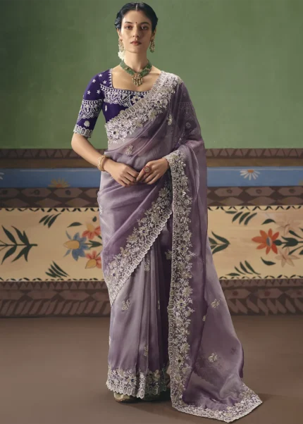 Lavender Embroidered Organza Saree