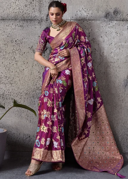 Magenta Floral Banarasi Saree with Embroidered Blouse
