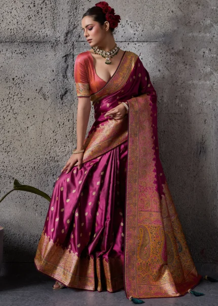 Magenta Satin Silk Banarasi Saree with Meenakari Work