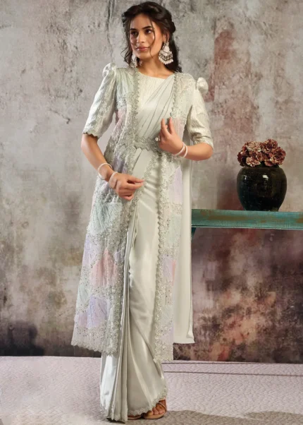 Mint Green Ready to Wear Satin Saree with Shrug