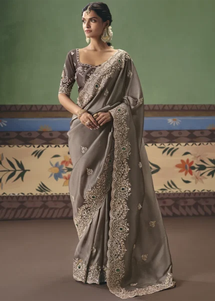 Mocha Brown Embroidered Organza Saree with Scalloped Border