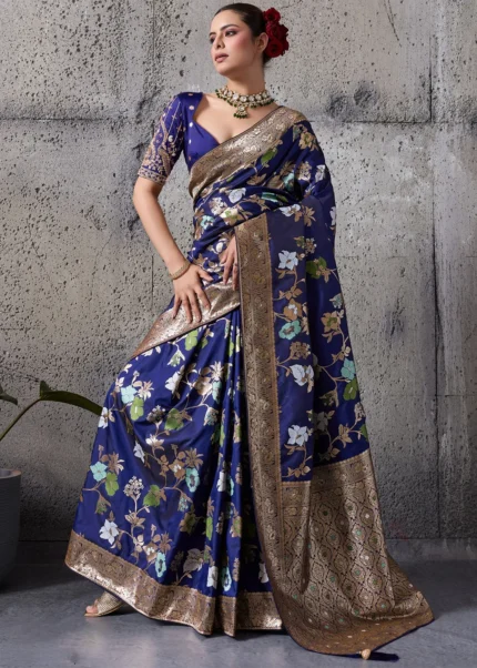 Navy Blue Banarasi Saree with Embroidered Blouse