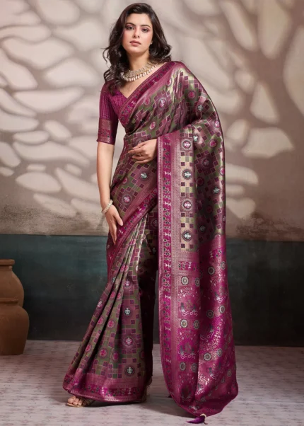 Olive Green Banarasi Saree with Ruby Pink Kalamkari Motifs
