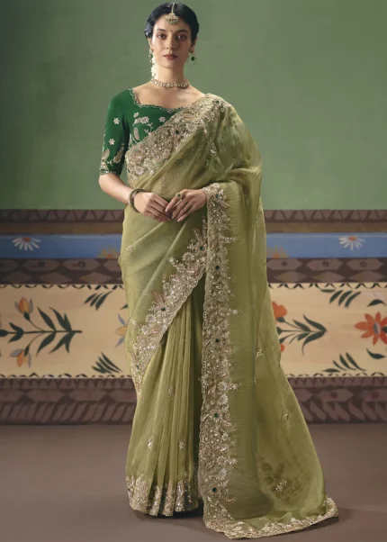 Olive Green Embroidered Organza Saree