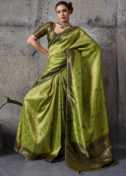 Parrot Green Kanjivaram Saree with Emerald Pallu