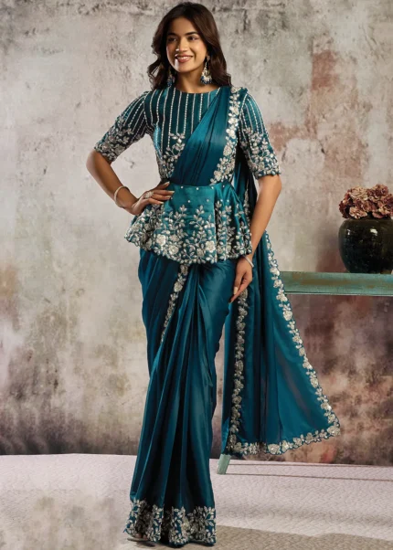 Peacock Blue Ready to Wear Satin Saree with Peplum Blouse