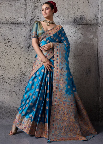 Peacock Blue Satin Silk Banarasi Saree