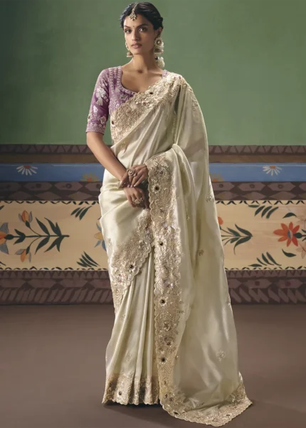 Pearl Ivory Embroidered Organza Saree