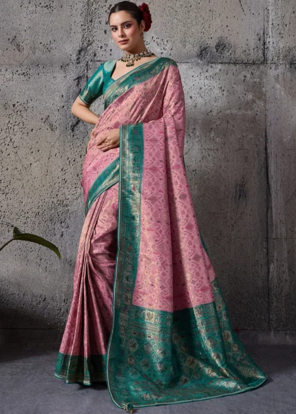 Rose Pink Kanjivaram Saree with Teal Pallu