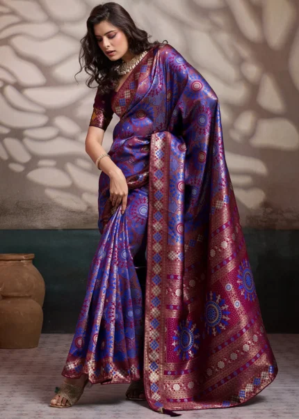 Royal Blue Banarasi Saree with Wine Kalamkari Motifs