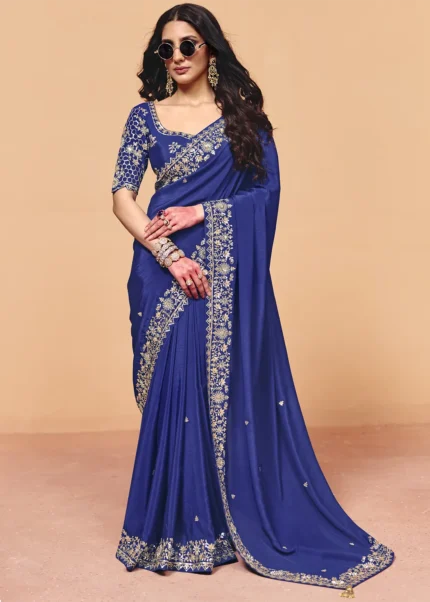 Royal Blue Embroidered Organza Saree with Designer Blouse