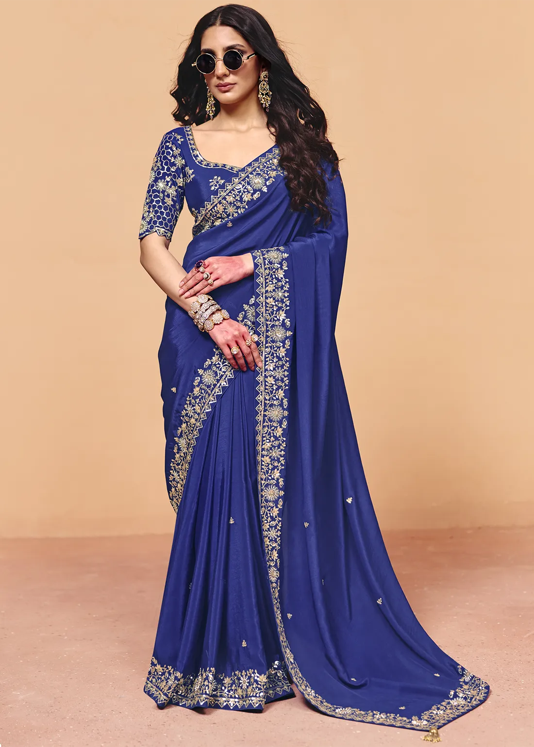 Royal Blue Embroidered Organza Saree with Designer Blouse Royal Blue Embroidered Organza Saree with Designer Blouse