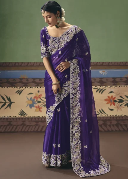 Royal Purple Embroidered Organza Saree with Scalloped Border