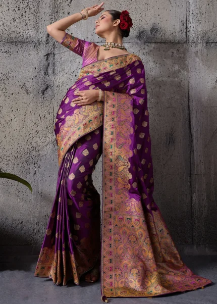 Royal Purple Satin Silk Banarasi Saree with Meenakari Work